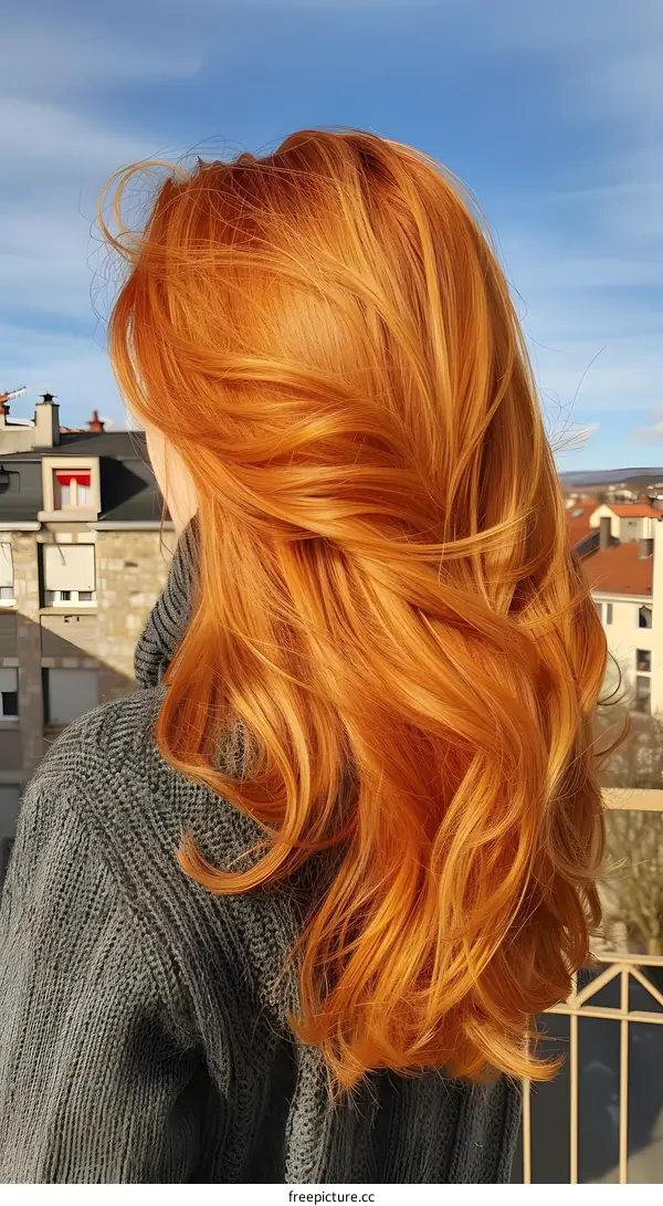 A woman with long red hair standing on a rooftop