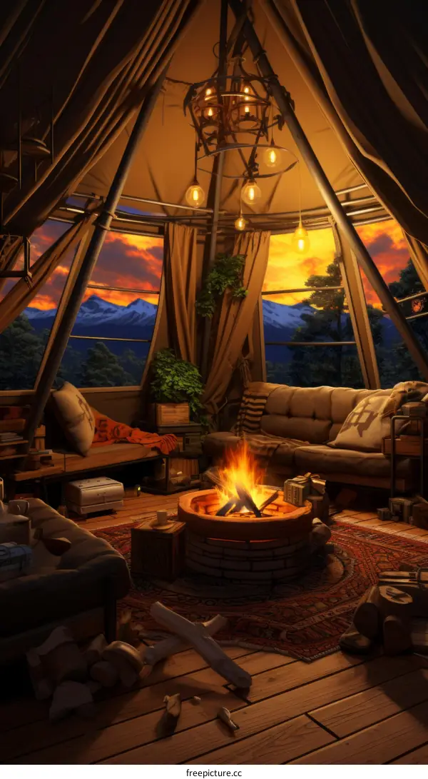 Cozy living room interior with fireplace and mountain view
