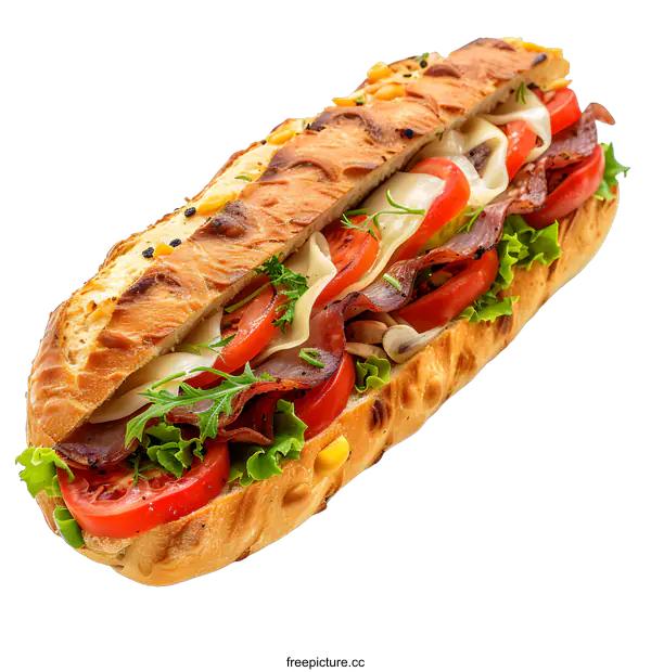 [Transparent Background PNG]Delicious Sub Sandwich With Bacon, Tomato, Cheese and Lettuce