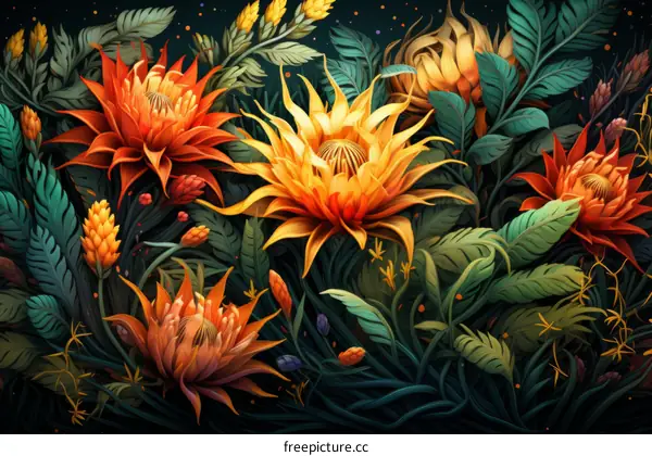 Vibrant and colorful flowers and leaves