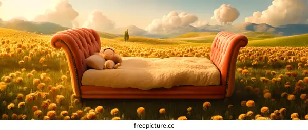 Bed in a Field of Yellow Flowers Fantasy Illustration
