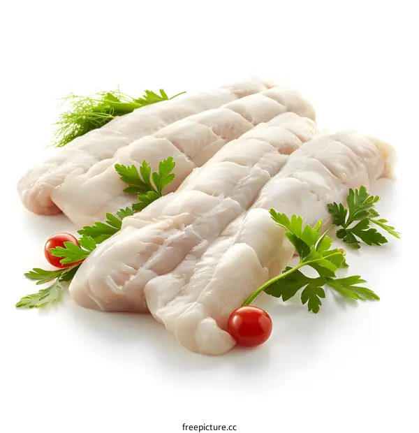 Fresh raw fish fillets on white background