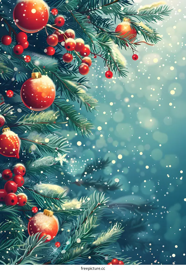 Christmas tree with red balls and holly berries