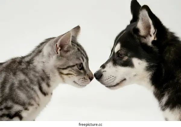 A cat and a dog facing each other showing friendly interaction