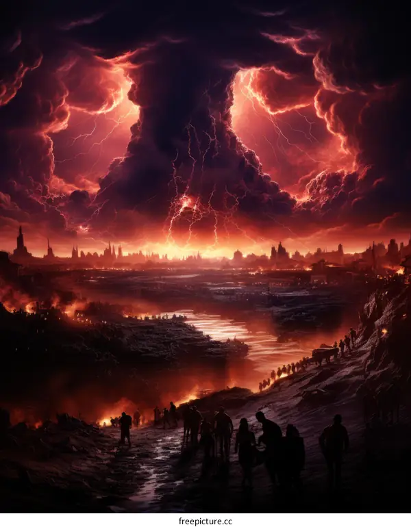 A group of people walking through a destroyed city during a thunderstorm