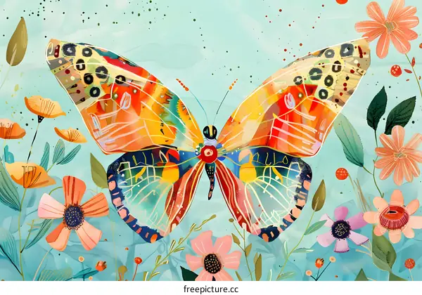 Abstract Colorful Butterfly Painting with Flowers