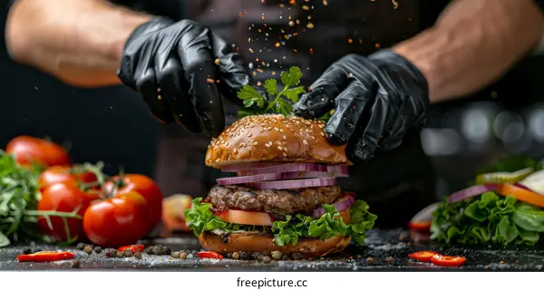 Chef Preparing Delicious Burger with Fresh Ingredients