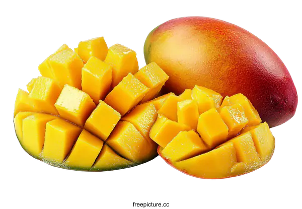 [Transparent Background PNG]Freshly Cut Mango Cubes with Whole Mango