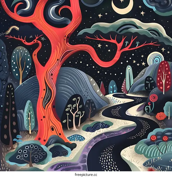 Night Sky With A Red Tree And Stars