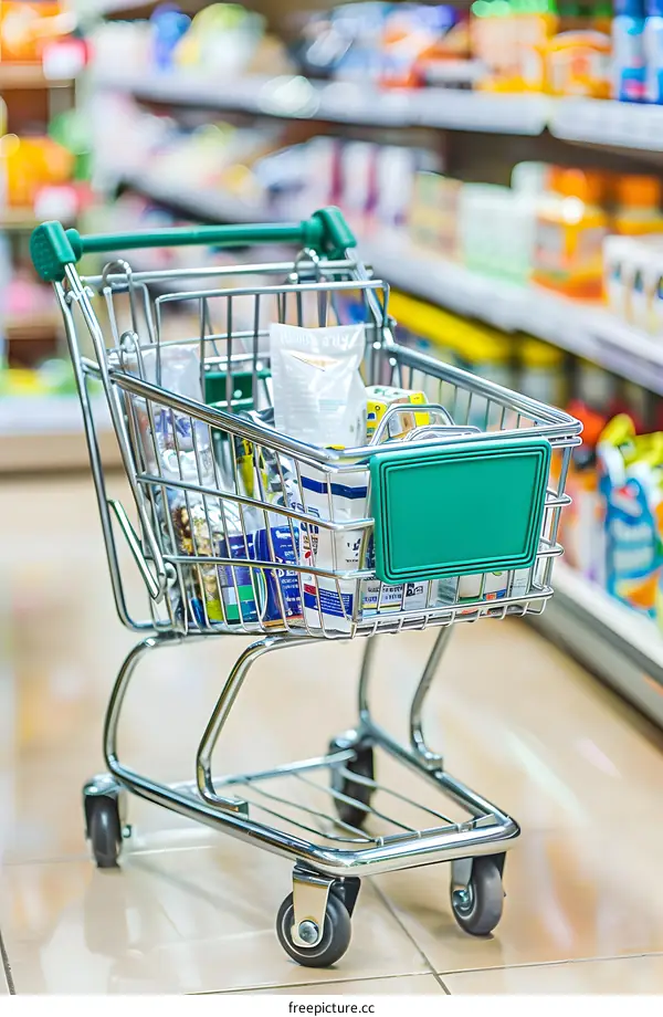 Shopping Cart Filled With Groceries in Aisle of Supermarket