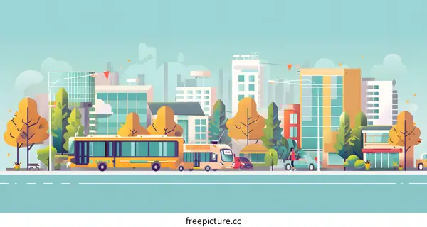 Modern Cityscape Illustration with Bus and People