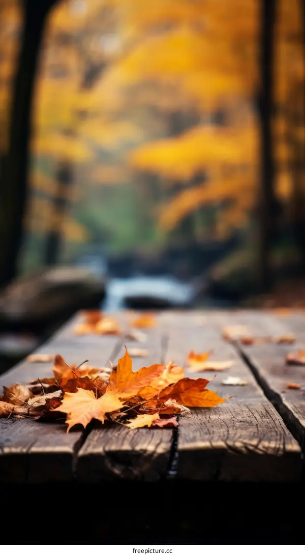 Fallen leaves on a wooden table with blurred background of a forest in autumn