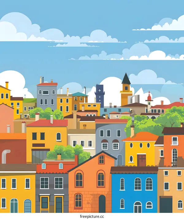 Colorful Houses in a Small Town under a Blue Sky