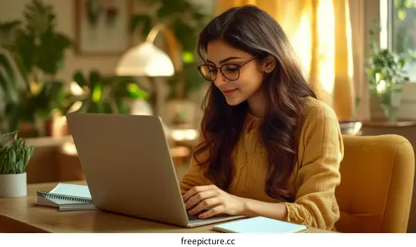 Woman Working on Laptop in Cozy Home Office