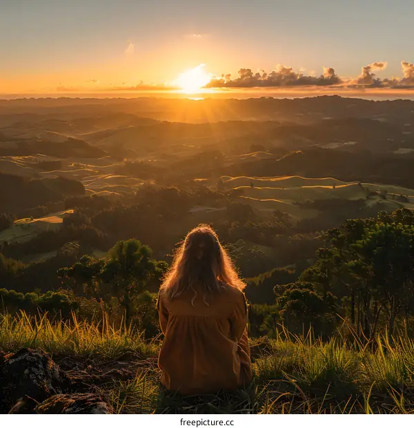 Woman Sitting on Cliff Overlooking Sunset