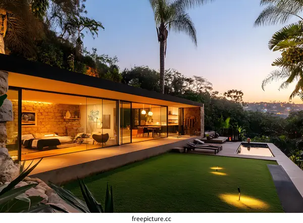 Modern Minimalist House with Pool and Palm Trees in the Sunset