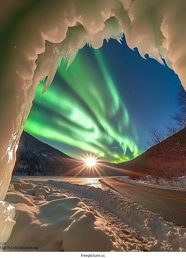Aurora Borealis View Through Ice Cave