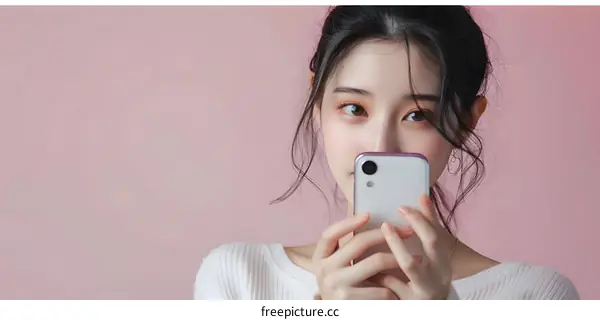 Young Asian Woman Holding Smartphone Looking At Camera