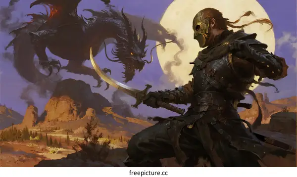 A masked warrior fighting a black dragon under a full moon