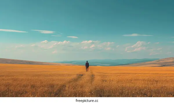 Man walking alone in a golden wheat field on a sunny day