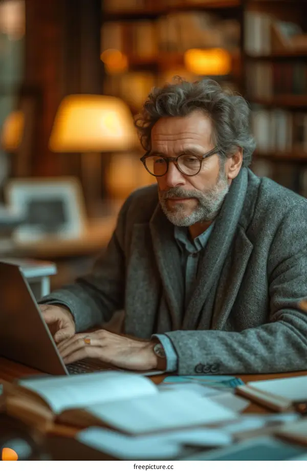 Bearded man in glasses using laptop in library