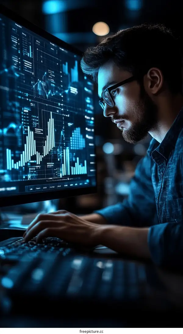 Focused Caucasian Man Working on a Computer