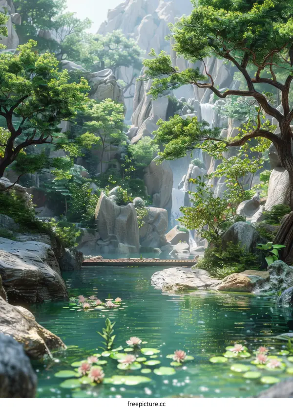 Tranquil Forest Waterfall and Pond with Trees and Rocks