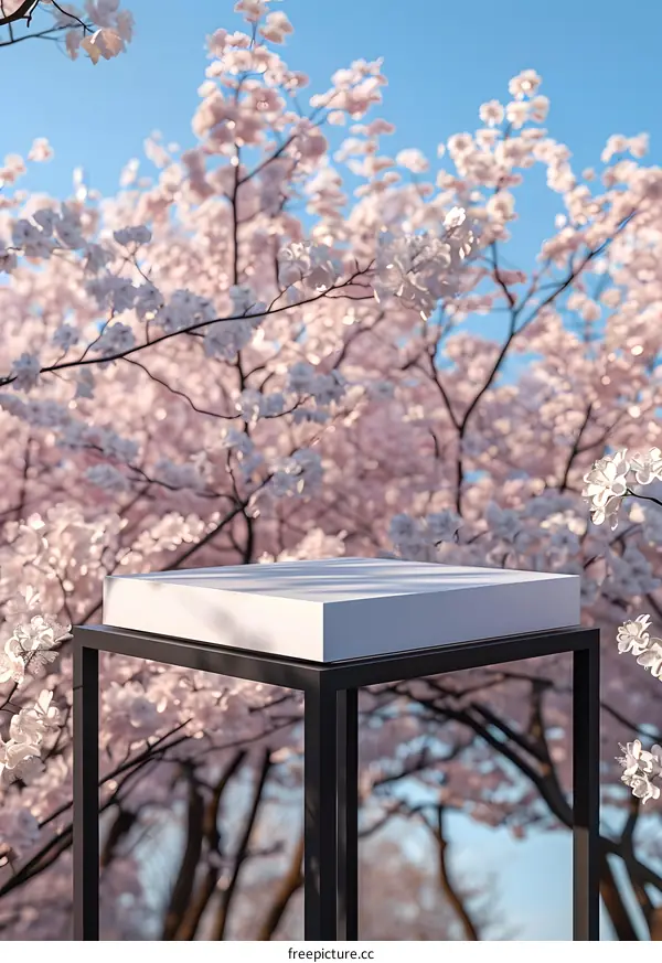 White Platform Mockup In A Cherry Blossom Tree