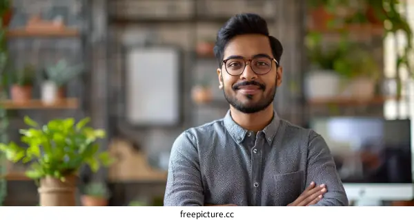 Portrait of a young Indian man smiling in front of a camera