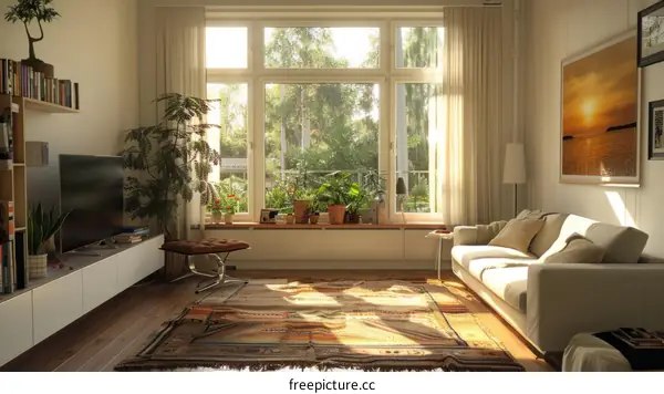 Bright and airy living room with large windows and colorful rug