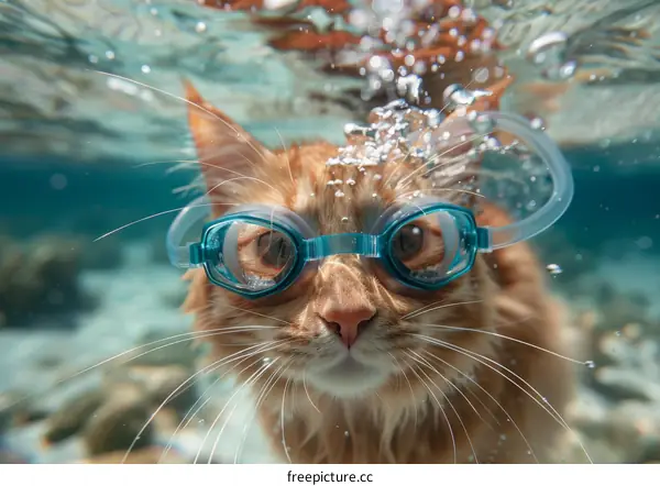 A ginger cat wearing blue goggles swims underwater