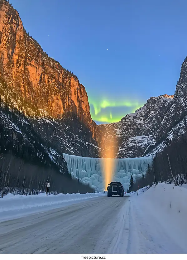 Frozen Waterfall Under the Aurora Borealis in a Snowy Canyon