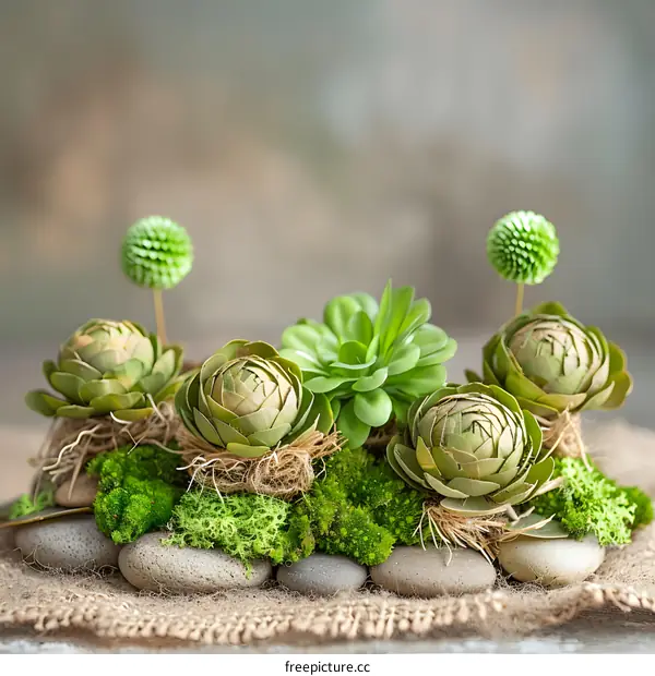 Succulents and Moss Arrangement on Stones and Burlap