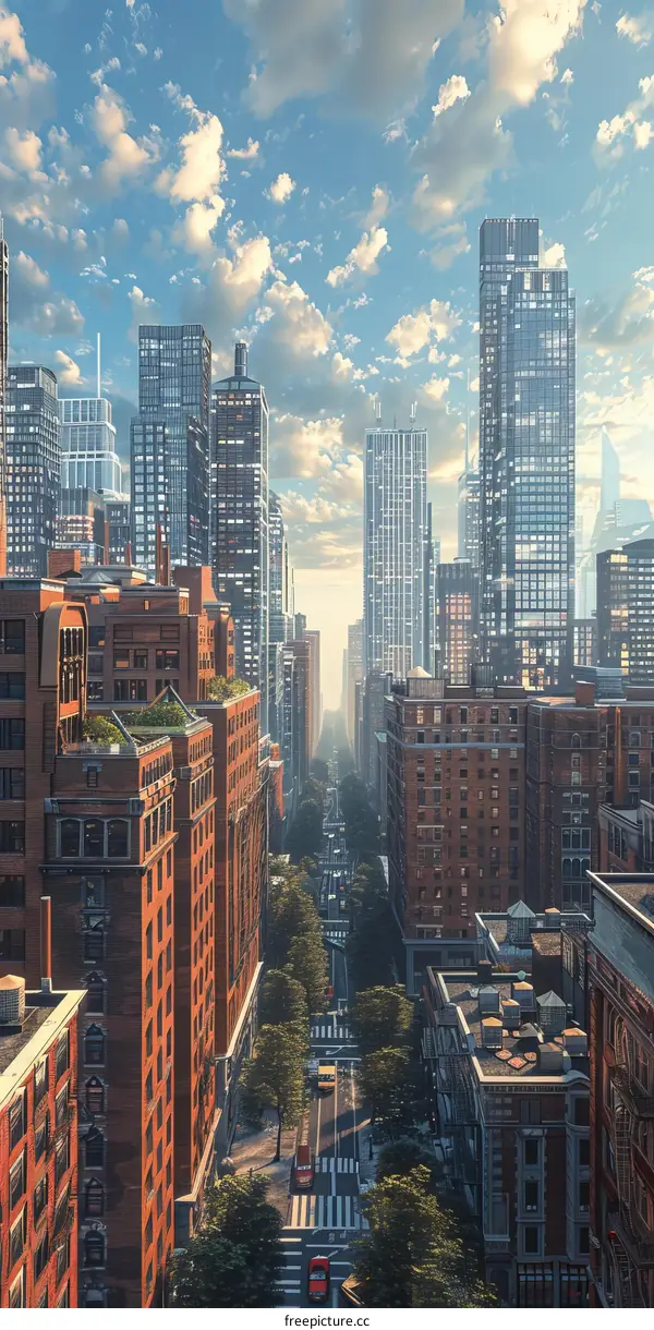 A bustling metropolis with towering skyscrapers and busy streets