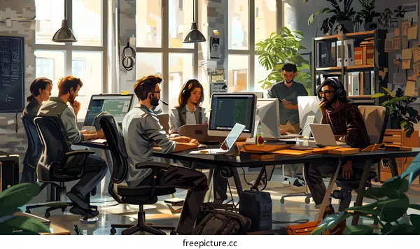 A group of people working in an office