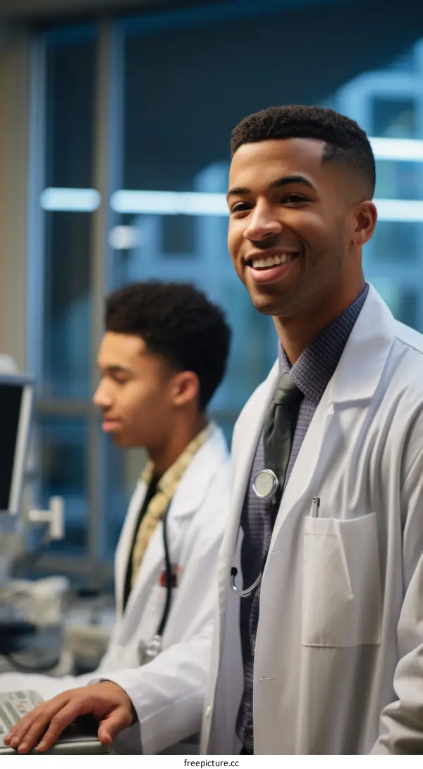 Two young male doctors of African American ethnicity are working in a hospital.