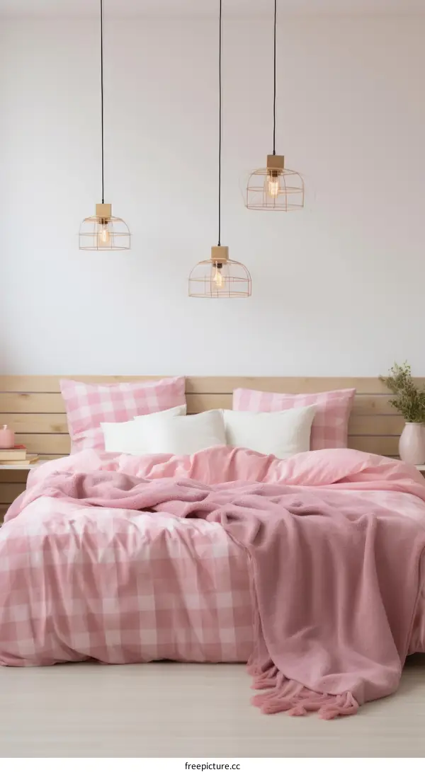 Simple and cozy bedroom with pink and white checkered bedding
