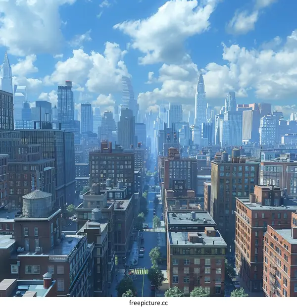 Cityscape of a Metropolis with Skyscrapers against a Clear Blue Sky