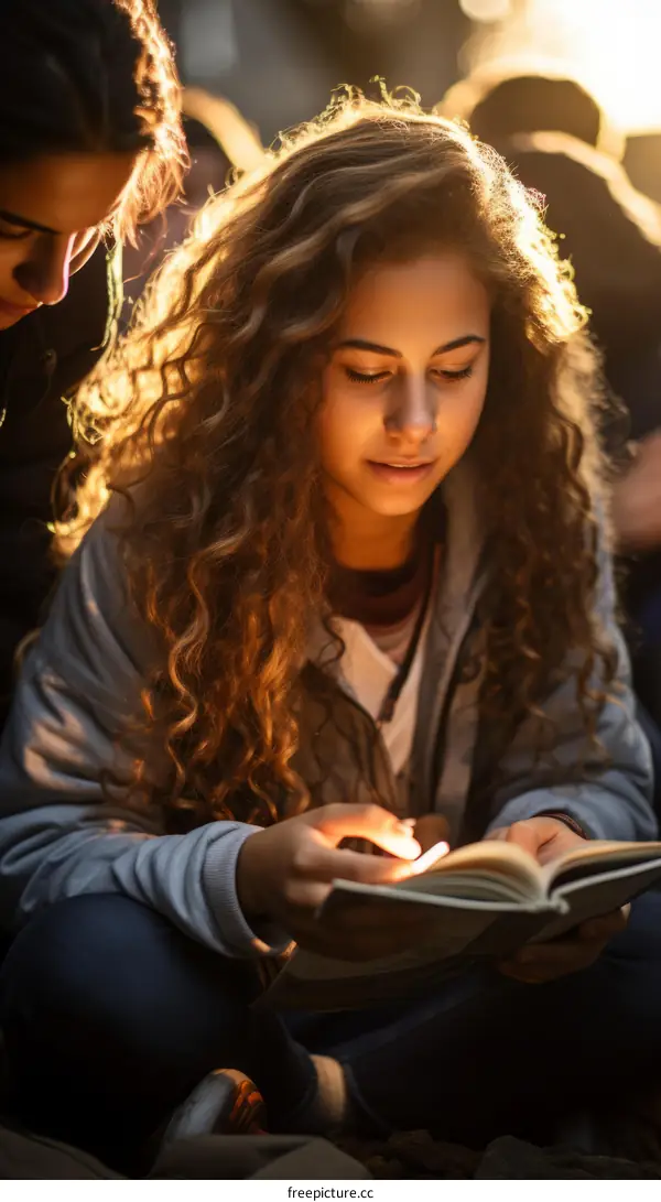 Young woman reading a book outside
