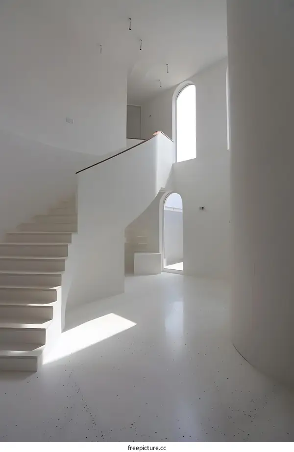 Modern White Staircase with Curved Wall and Natural Light