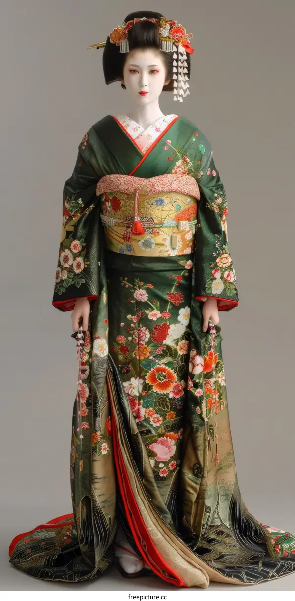 A Japanese maiko wearing a green kimono with floral patterns