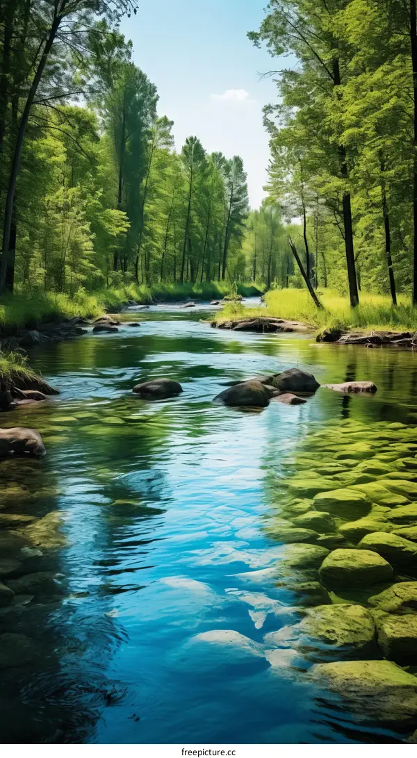 The river flows through the green forest
