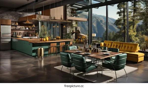 Modern mountain home interior living room kitchen dining room