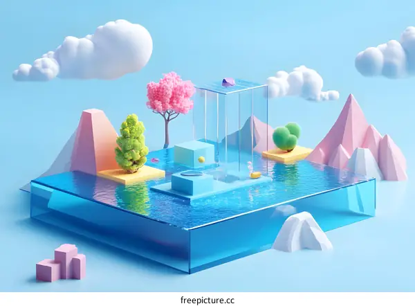 Minimalist 3D Illustration of a Blue Lake with Mountains, Trees, and Clouds