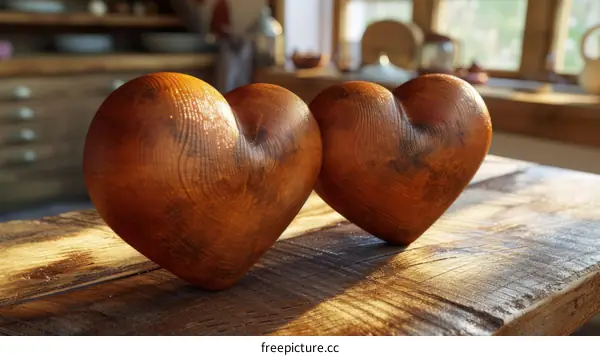 Two wooden hearts on a wooden table