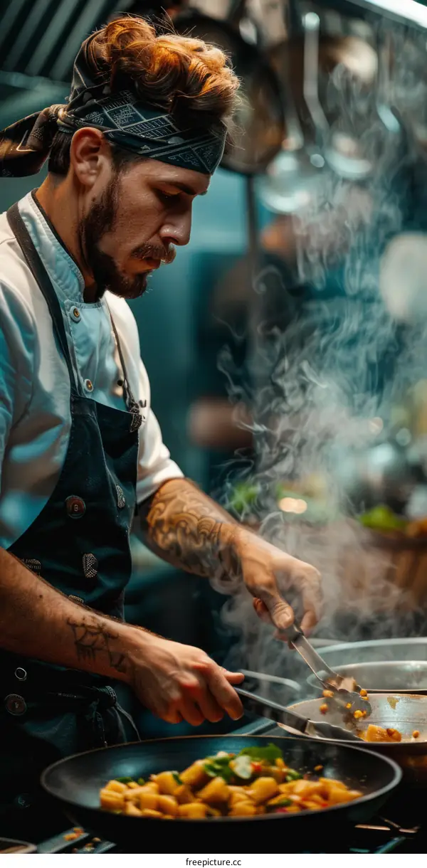 Focused male chef cooking pasta in a busy kitchen