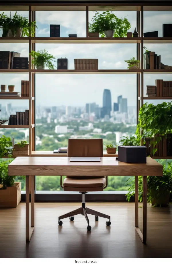 A modern office with a large window overlooking the city