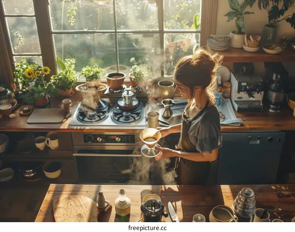 Young woman making coffee in a home kitchen
