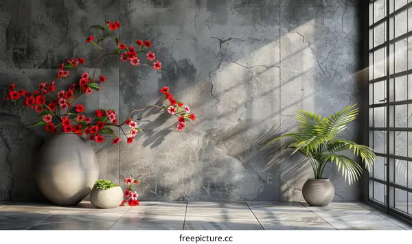 Stylish Interior Design with Concrete Wall and Flowers