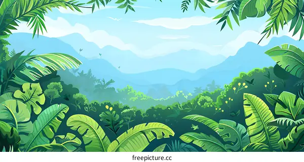 Green Tropical Rainforest Landscape With Mountains And Blue Sky
